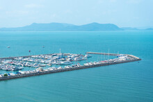 Aerial View Of Sail Boats In Marina Port In Harbor In Pattaya.