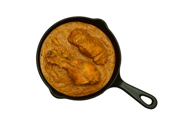 Wall Mural - Top View of Butter Chicken in Pan Isolated on White Background with Clipping Path