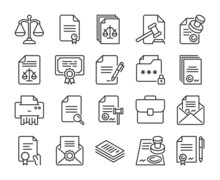 Legal Instrument Icons. Legal Documents Forms And Contracts Line Icon Set. Editable Stroke.
