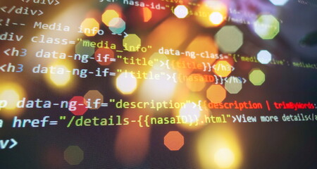 programming code screen of software developer. software programming work time. code text written and