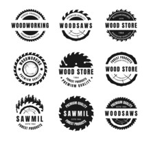 Circular Saw Logo. Metal Blade For Woodwork And Carpentry Silhouette Badges. Sawmill And Lumber House Emblem. Woodworking Rotating Tools And Logs. Vector Wood Store Company Labels Set