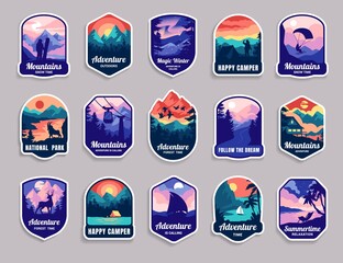 Summer camp logo. Cartoon outdoor travel and hiking emblem with forest tent or mountains. Winter journey. Adventure in national park. Extreme vacation. Vector retro camping badges set