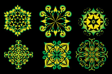 Poster - Set of round gradient mandala on black background. Vector hipster mandala in green, red, blue, violet and pink colors. Mandala with floral patterns. Yoga template.