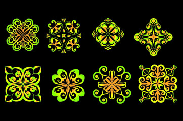 Poster - Set of round gradient mandala on black background. Vector hipster mandala in green, red, blue, violet and pink colors. Mandala with floral patterns. Yoga template.