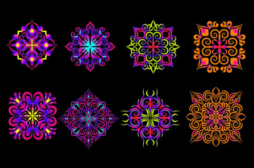 Poster - Set of round gradient mandala on black background. Vector hipster mandala in green, red, blue, violet and pink colors. Mandala with floral patterns. Yoga template.
