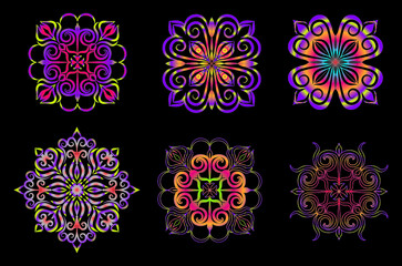 Poster - Set of round gradient mandala on black background. Vector hipster mandala in green, red, blue, violet and pink colors. Mandala with floral patterns. Yoga template.