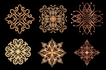 Aufkleber - Set of round gradient mandala on black background. Vector hipster mandala in red, yellow, white violet colors. Mandala with floral patterns. Yoga template.