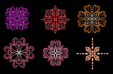Poster - Set of round gradient mandala on black background. Vector hipster mandala in red, yellow, white, pink violet colors. Mandala with floral patterns. Yoga template.