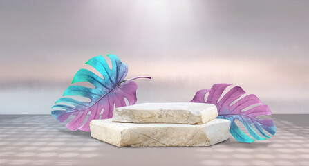 Poster - Original creative template for spa product presentation in form of composition of stone or marble slabs, bright exotic leaves in pink, purple and blue tones.