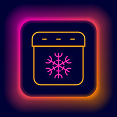 Poster - Glowing neon line Calendar winter icon isolated on black background. Event reminder symbol. Colorful outline concept. Vector