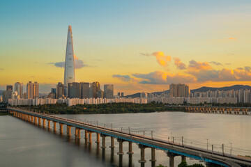 Wall Mural - Panoramic view of Hangang River and Seoul city skyline with sunset sky in Korea