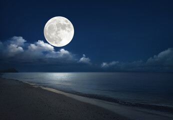 Wall Mural - full moon over the sea with tropical beach. (elements of the moon image furnished by nasa)