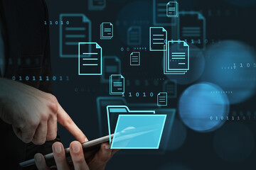 Poster - Office man finger touch tablet screen, closeup, documents icons in web