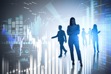 Wall Mural - Business people silhouettes and women with devices, network in company