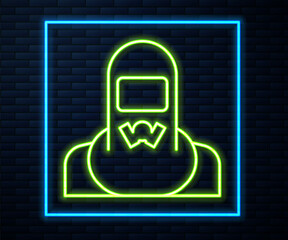 Sticker - Glowing neon line Nuclear power plant worker wearing protective clothing icon isolated on brick wall background. Nuclear reactor worker. Vector