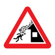 Roof avalanche sign. Vector illustration of red triangle warning sign with snow falling from roof on man. Risk of being covered with snow. Caution snow covered roof. Symbol used during winter.