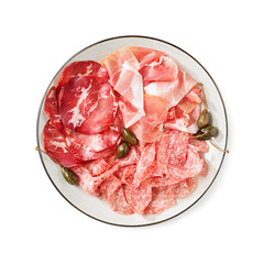 Wall Mural - Traditional spanish jamon, prosciutto crudo, italian salami, parma ham. Antipasto plate and capers. Isolated on white background. Top view.