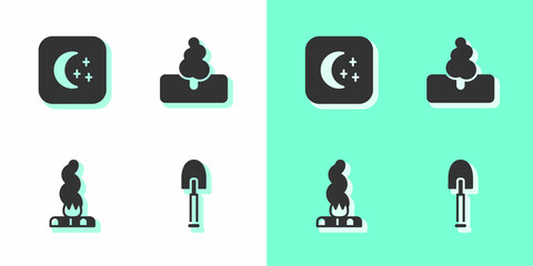 Sticker - Set Shovel, Moon and stars, Campfire and Tree icon. Vector