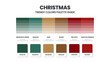 Christmast color schemes. Color Trend combination and palette guide. Example table color shades in RGB and HEX. Color swatch for fashion, home, interiors design 2022. Colour chart idea vector.