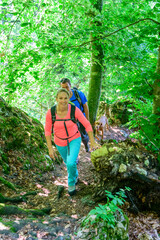 Wall Mural - Junge Leute wandern gutgelaunt im schattigen Wald