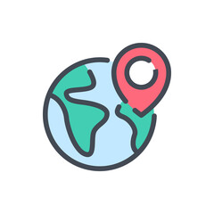 Wall Mural - Location and destination color line icon. Earth globe with location pin vector outline colorful sign.