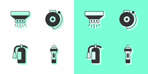 Wall Mural - Set Flashlight, Fire sprinkler system, extinguisher and Ringing alarm bell icon. Vector