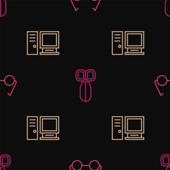 Poster - Set line Glasses, Computer monitor and Scissors on seamless pattern. Vector