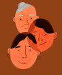 Mother, daughter and grandmother with faces connected, family union