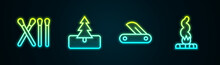 Set Line Match Stick, Tree, Swiss Army Knife And Campfire. Glowing Neon Icon. Vector