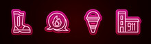 Set Line Fire Boots, Emergency Call, Cone Bucket And Building Of Fire Station. Glowing Neon Icon. Vector