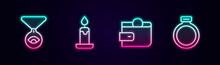 Set Line Medallion On Chain With Eye, Burning Candle, Wallet And Magic Stone Ring. Glowing Neon Icon. Vector