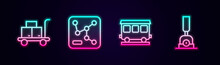 Set Line Trolley Suitcase, Railway Map, Passenger Train Cars And Arrow For Switching The Railway. Glowing Neon Icon. Vector