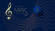 Music festival background with notes and treble clef. Gold and blue elegant musical poster.