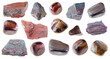 set of various jaspilite rocks cutout on white