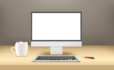 Aufkleber - Modern computer with blank screen on a wood table. 3d vector mockup