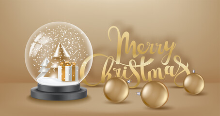 Aufkleber - Glass snowball with gift box and golden christmas tree. 3d vector banner with copy space