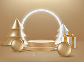 Aufkleber - Christmas greeting card with abstract pines, gift box and golden baubles. 3d vector banner with copy space
