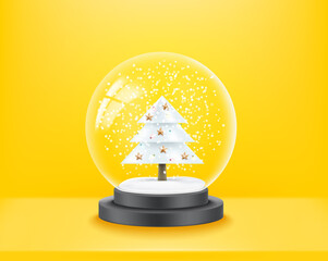 Aufkleber - Transparent glass crystal ball with snow and christmas tree. 3d vector illustration with copy space