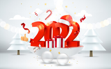 Aufkleber - Happy new 2022 year concept. Bright room with holiday elements and digits. 3d style vector banner