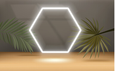 Poster - Wooden empty interior mockup with podium and palm leaves. Template for design. Vector 3d illustration