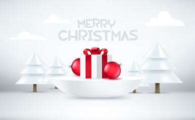 Poster - Christmas composition with semiphere stage, abstract pines, gift box and baubles. 3d vector banner with copy space