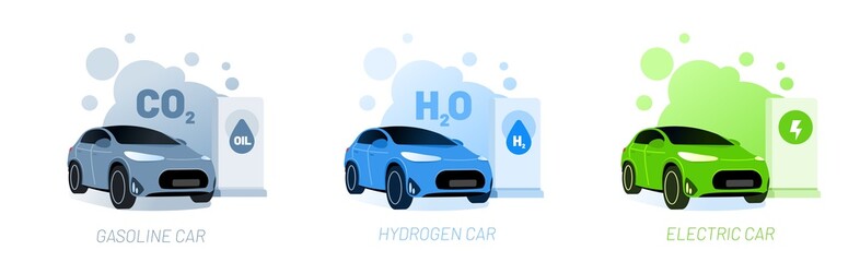 Wall Mural - gas station and car types vector illustration concept. petroleum, hydrogen and electric cars compari