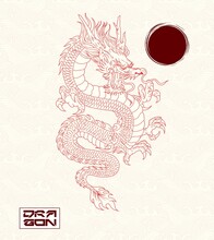 Japanese Dragon Illustration With Seamless  Wave Japanese Background . Vector Graphics For T-shirt Prints And Other Uses.
