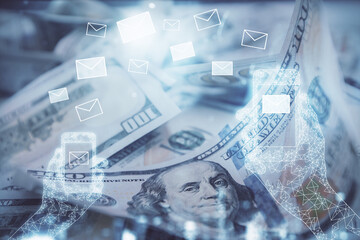 Poster - Double exposure of E-mail envelop drawing over usa dollars bill background. Concept of connection.