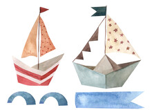 Children's Illustration, Boat, Boat Made Of Paper, Origami, Watercolor Illustration On A White Background, Postcard