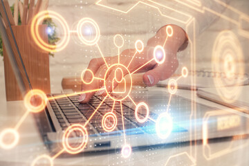 Aufkleber - Double exposure of woman hands typing on computer and social network theme hologram drawing. People media concept.
