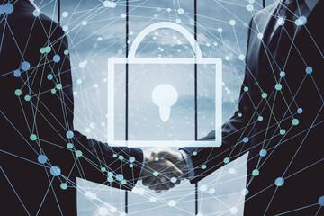 Aufkleber - Double exposure of lock hologram and handshake of two men. Partnership security concept.