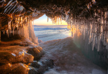 Baikal Lake,  Ice Cave With Icicles,  Siberia, Russia