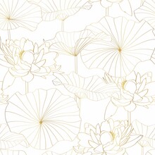 Luxury Wallpaper Design With Golden Lotus With Leaves. Lotus Line Arts Design For Wall Arts, Fabric, Prints And Background Texture.
