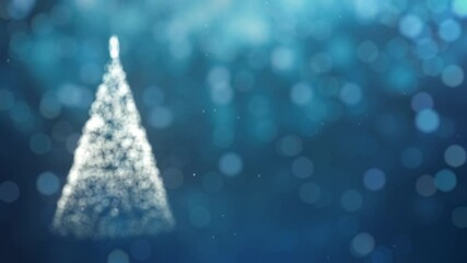 Wall Mural - Animated Christmas background with a luminous Christmas tree on a blue background with falling snow and defocused light particles
